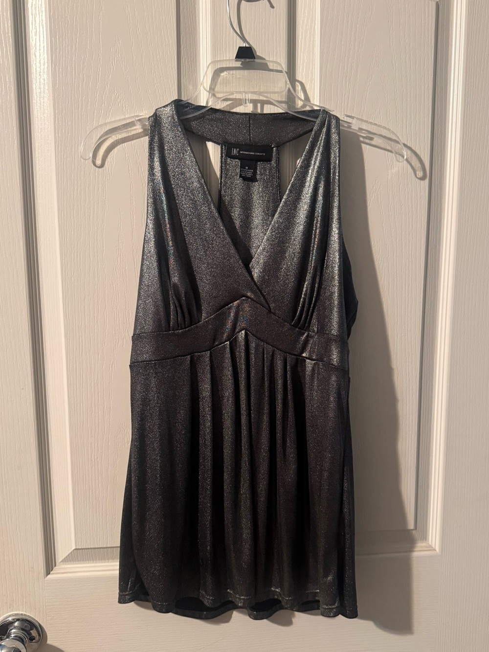 INC International Concepts Silver Shimmer V-Neck Mini Dress